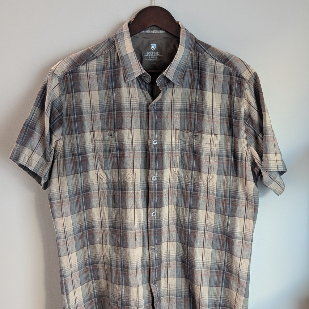 KUHL Response Shirt Men’s Large Short Sleeve Linen Blend Plaid Button Up Brown